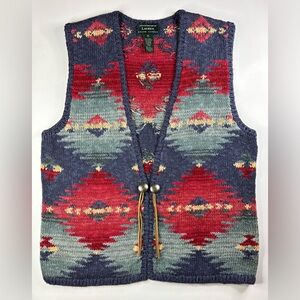 Lauren Ralph‎ Lauren Linen & Cotton Hand Knit Aztec Design Vest Size XL